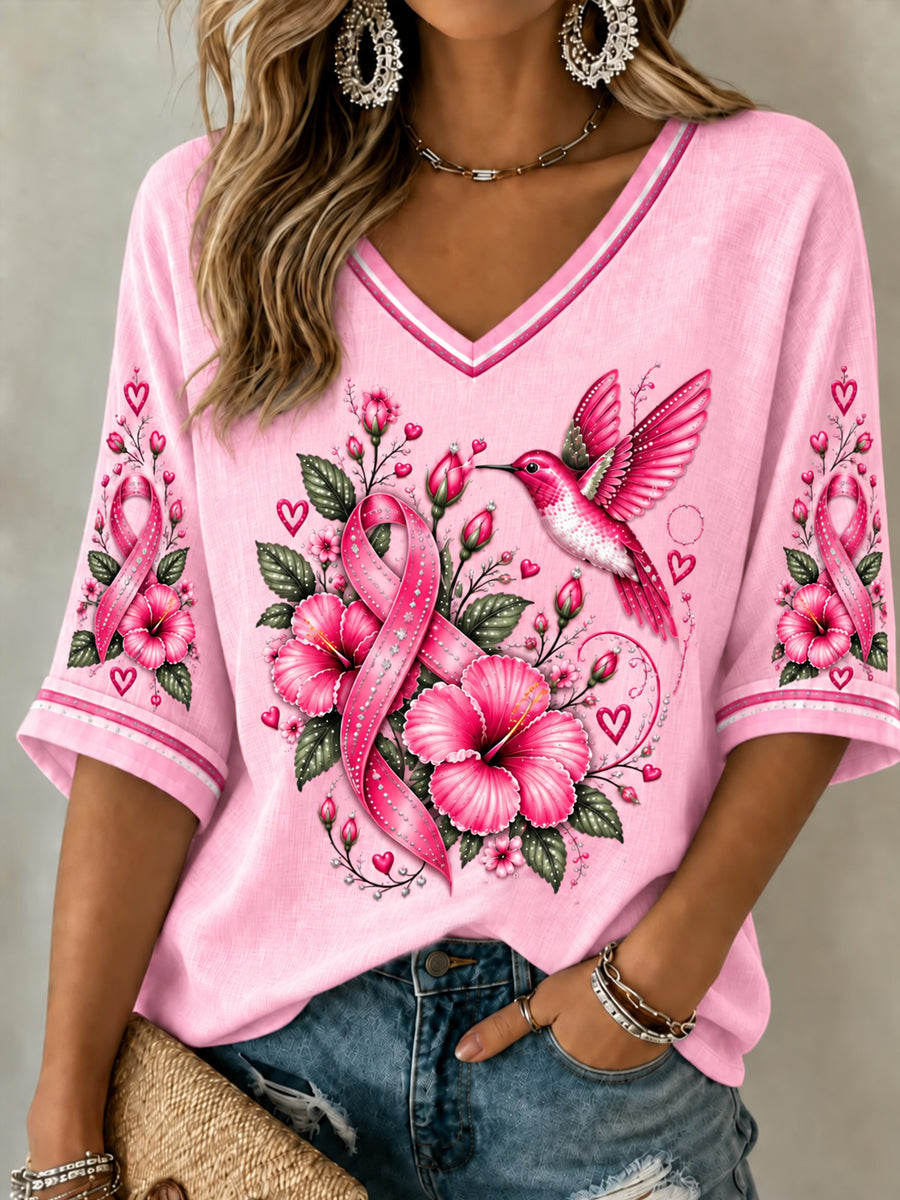 T-shirt à manches mi-longues et col en V, ruban rose de sensibilisation au cancer du sein chez la femme