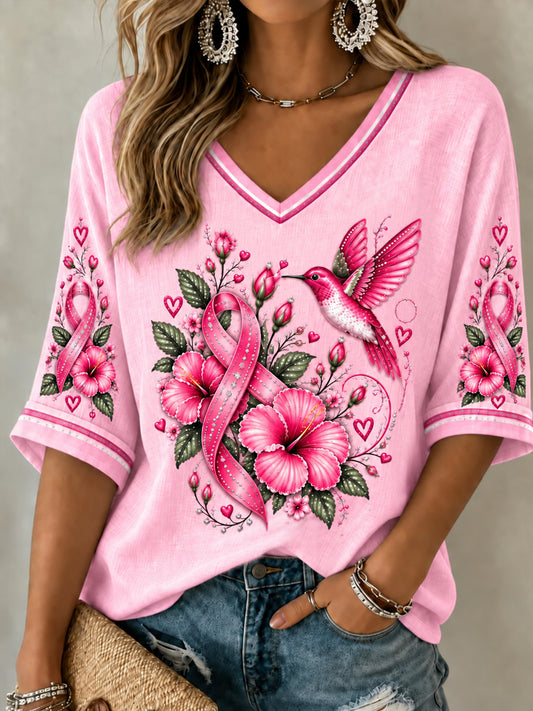 T-shirt à manches mi-longues et col en V, ruban rose de sensibilisation au cancer du sein chez la femme