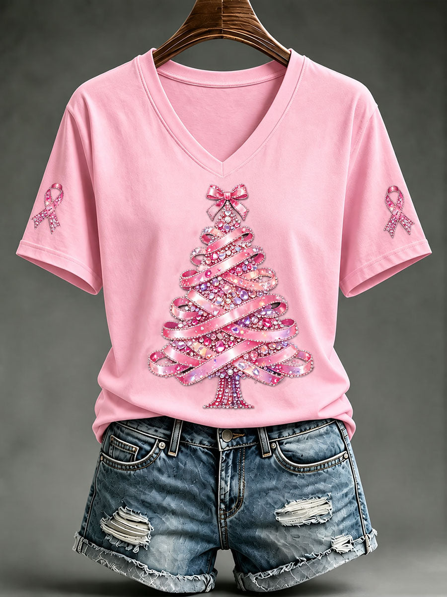 T-shirt à manches courtes arbre de Noël pour femmes avec ruban rose et sensibilisation au cancer du sein