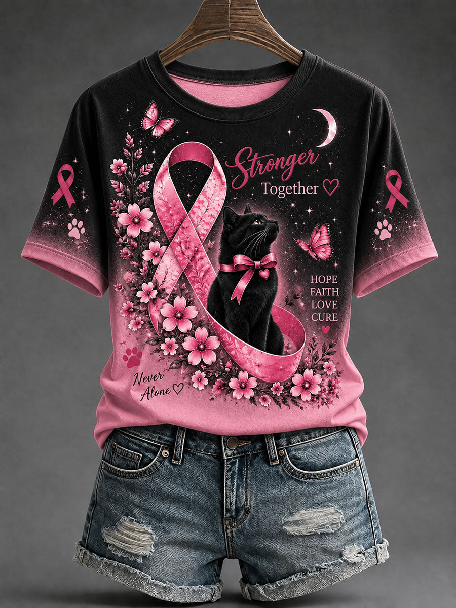 T-shirt décontracté à imprimé chat pour la sensibilisation au cancer du sein chez les femmes