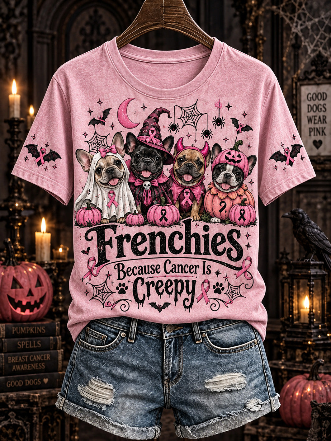 T-shirt décontracté à manches courtes pour femme, motif d’Halloween avec chien et ruban rose de sensibilisation