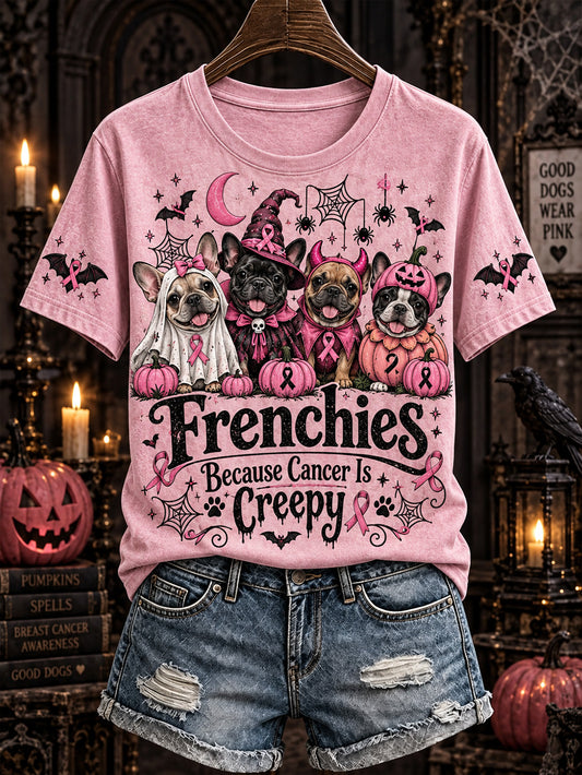T-shirt décontracté à manches courtes pour femme, motif d’Halloween avec chien et ruban rose de sensibilisation