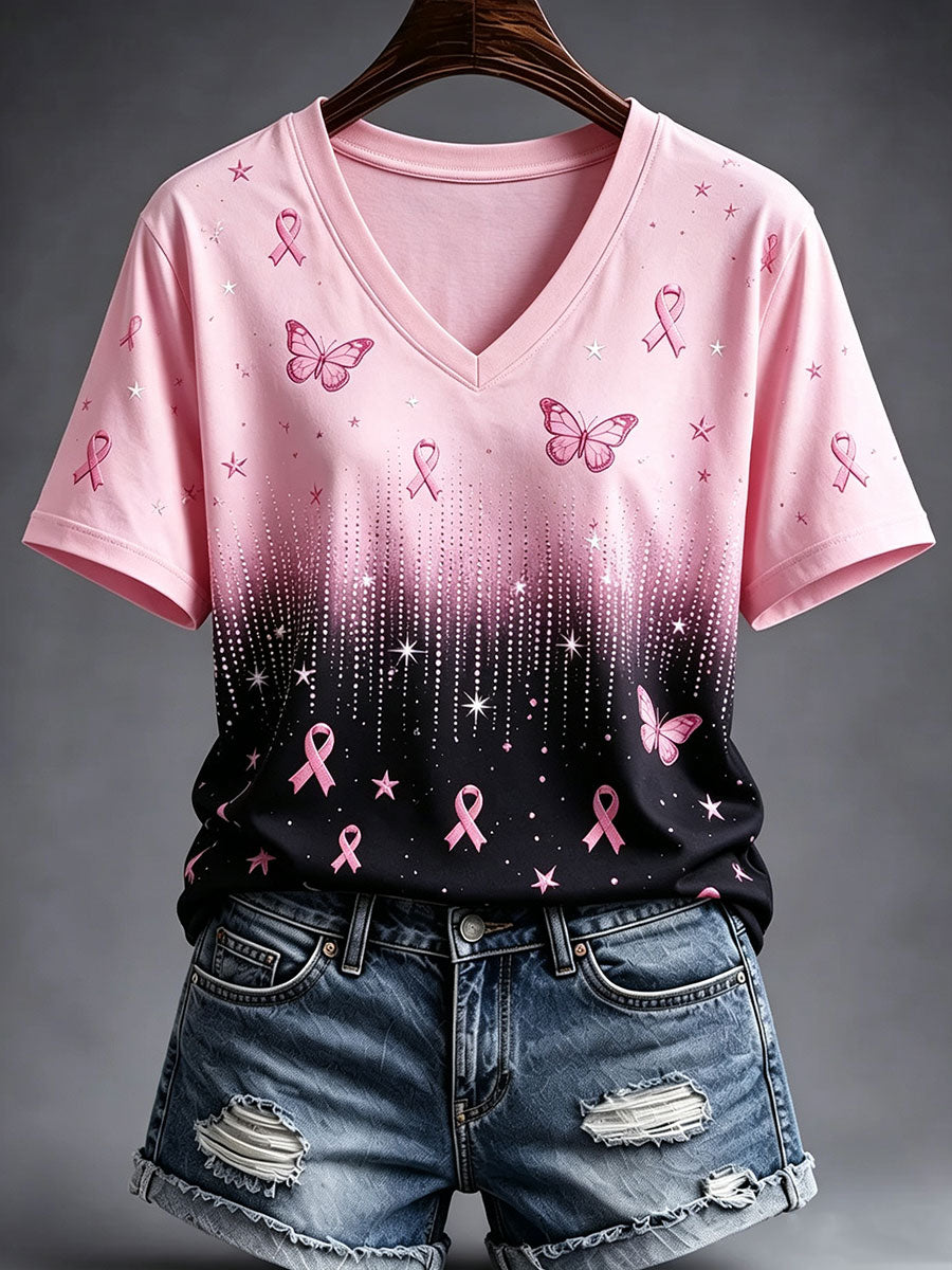 T-shirt à manches courtes pour la sensibilisation au cancer du sein, motif papillon