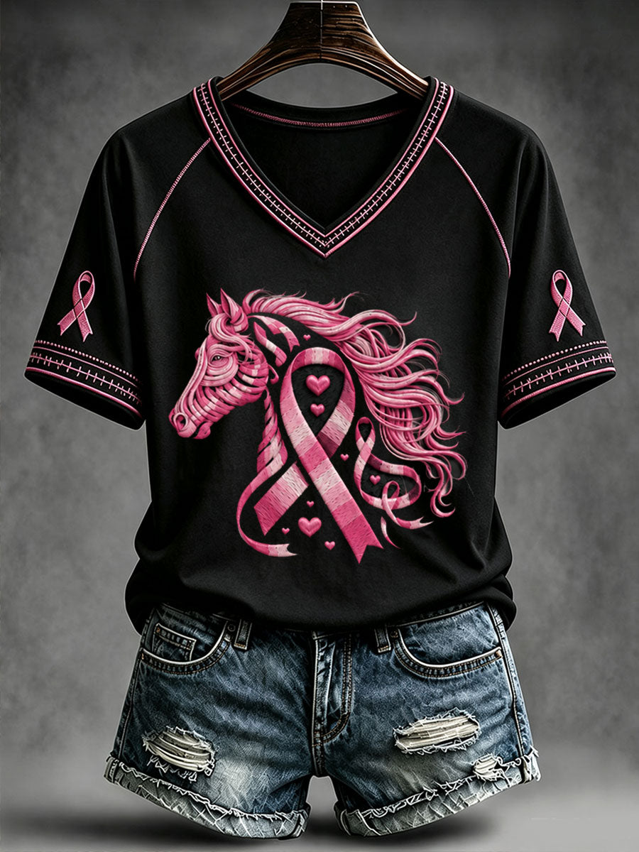 Sensibilisation au cancer du sein pour femmes T-shirt à col en V imprimé cheval papillon
