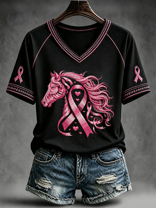 Sensibilisation au cancer du sein pour femmes T-shirt à col en V imprimé cheval papillon