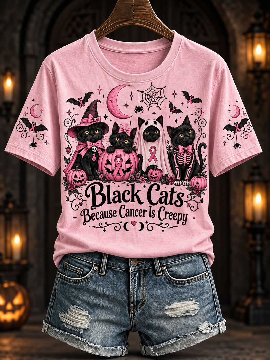 T-shirt décontracté à manches courtes pour femme, motif de chat d’Halloween et ruban rose de charité