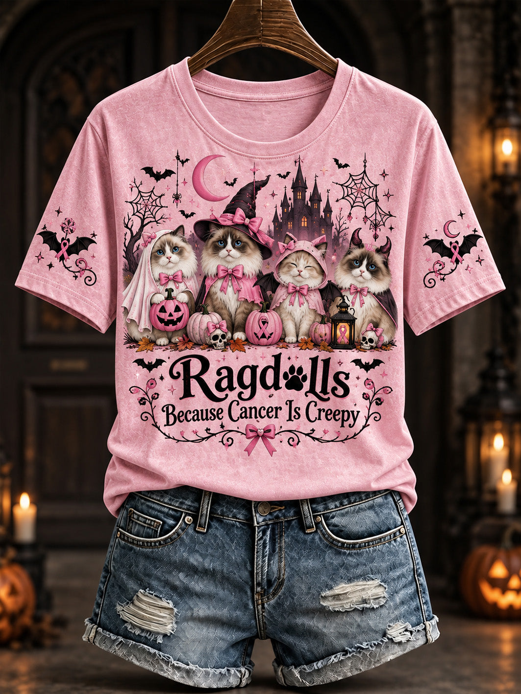 T-shirt décontracté à manches courtes pour femme, motif de chat d’Halloween et ruban rose de charité