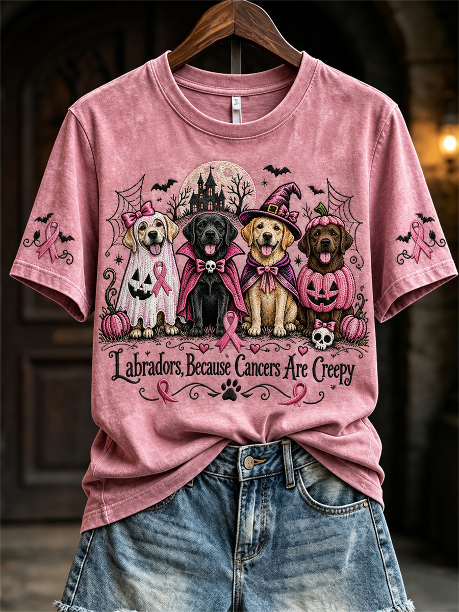 Les labradors des femmes parce que les cancers sont effrayants Halloween Chiens roses Imprimer T-shirt à manches courtes