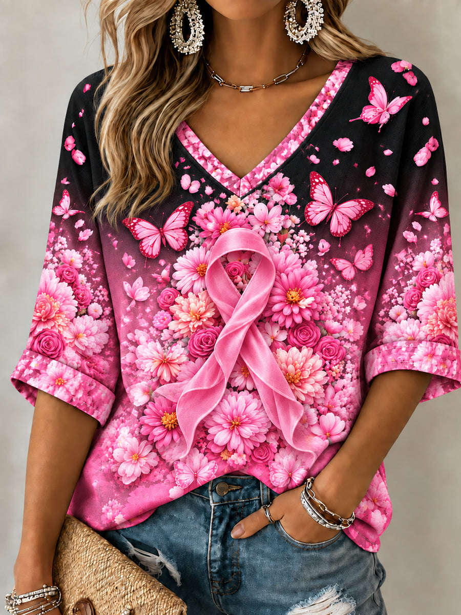 T-shirt à manches mi-longues et col en V, ruban rose de sensibilisation au cancer du sein chez la femme