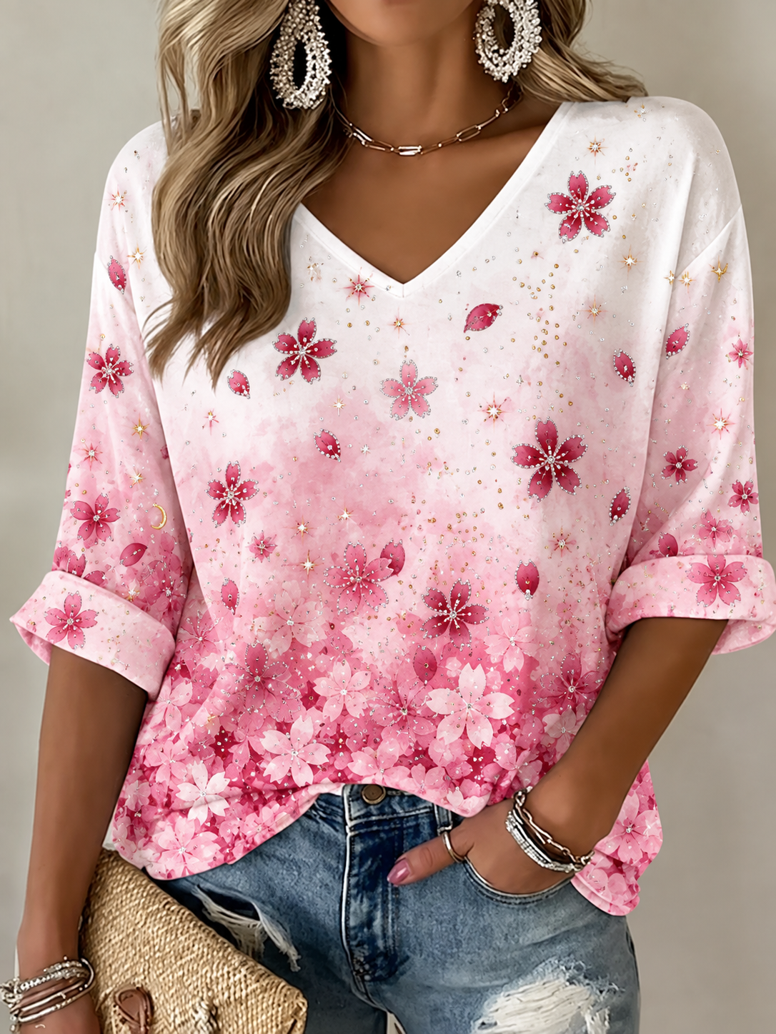 T-shirt femme à manches mi-longues et col en V, pour le cancer du sein