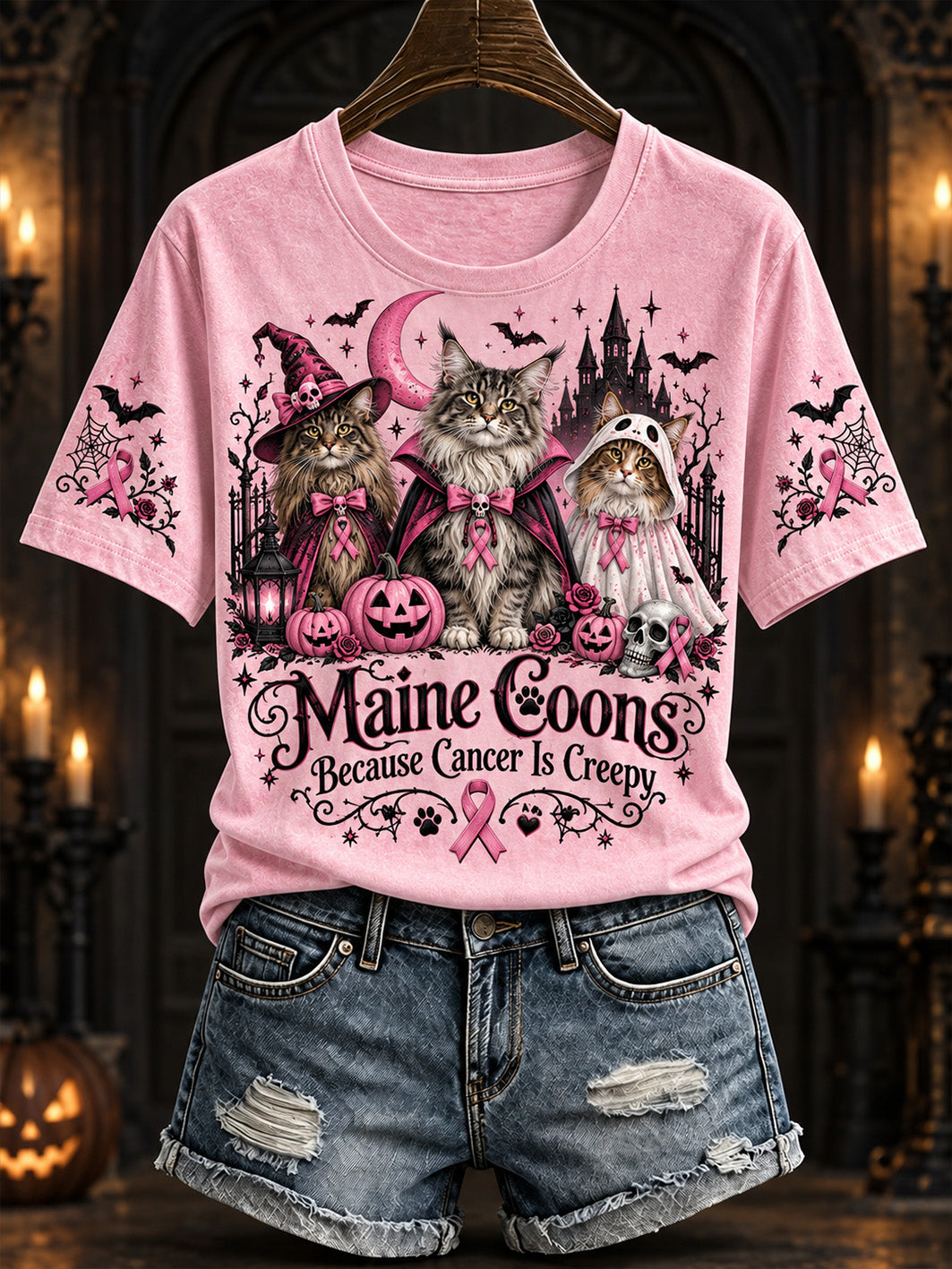 T-shirt décontracté à manches courtes pour femme, motif de chat d’Halloween et ruban rose de charité