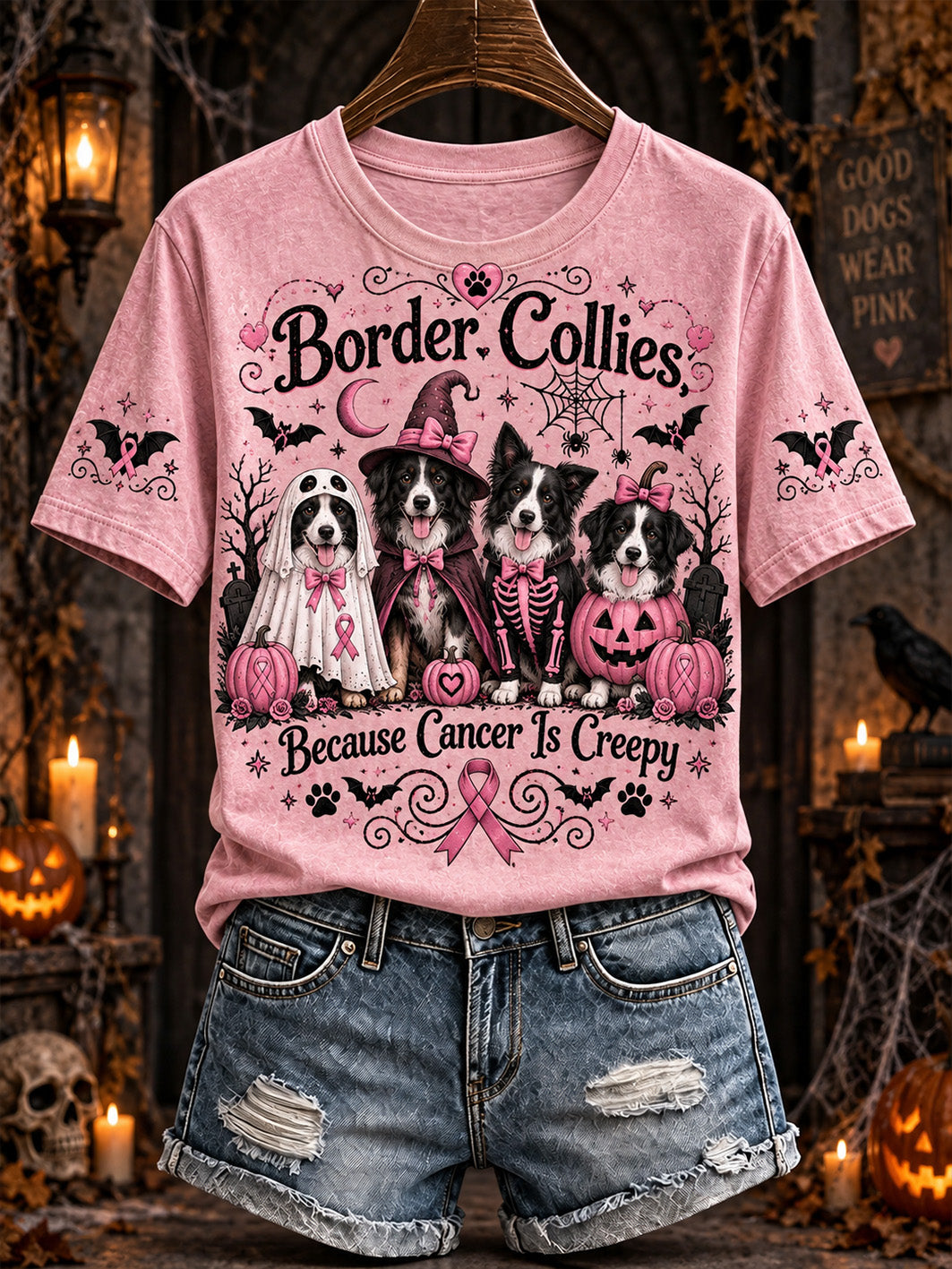 Motif de chien de costume d'Halloween pour femmes et T-shirt décontracté à manches courtes de conception de ruban de charité rose