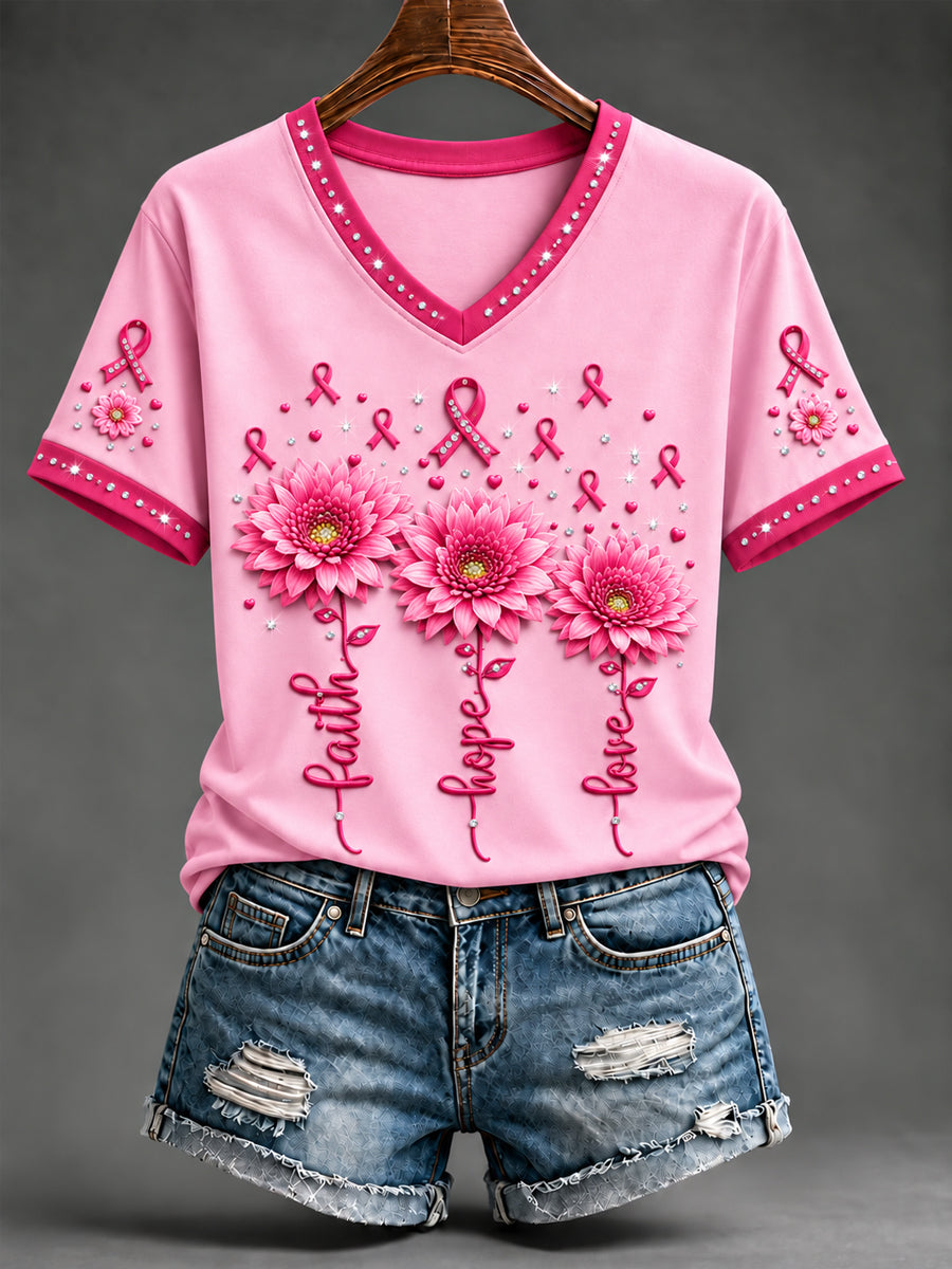 T-shirt à manches courtes rose en soutien à la sensibilisation au cancer du sein chez les femmes