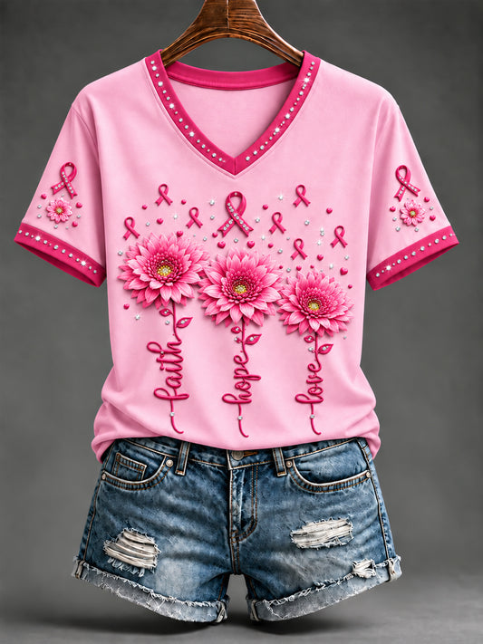 T-shirt à manches courtes rose en soutien à la sensibilisation au cancer du sein chez les femmes