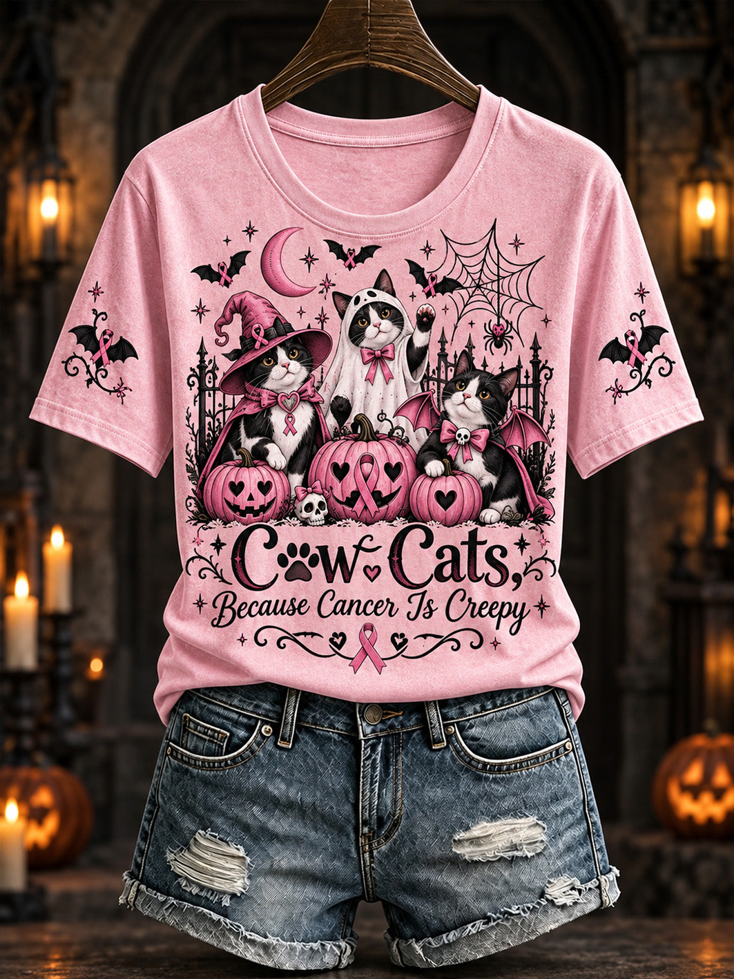 Motif de chat de costume d'Halloween pour femmes et T-shirt décontracté à manches courtes de conception de ruban de charité rose