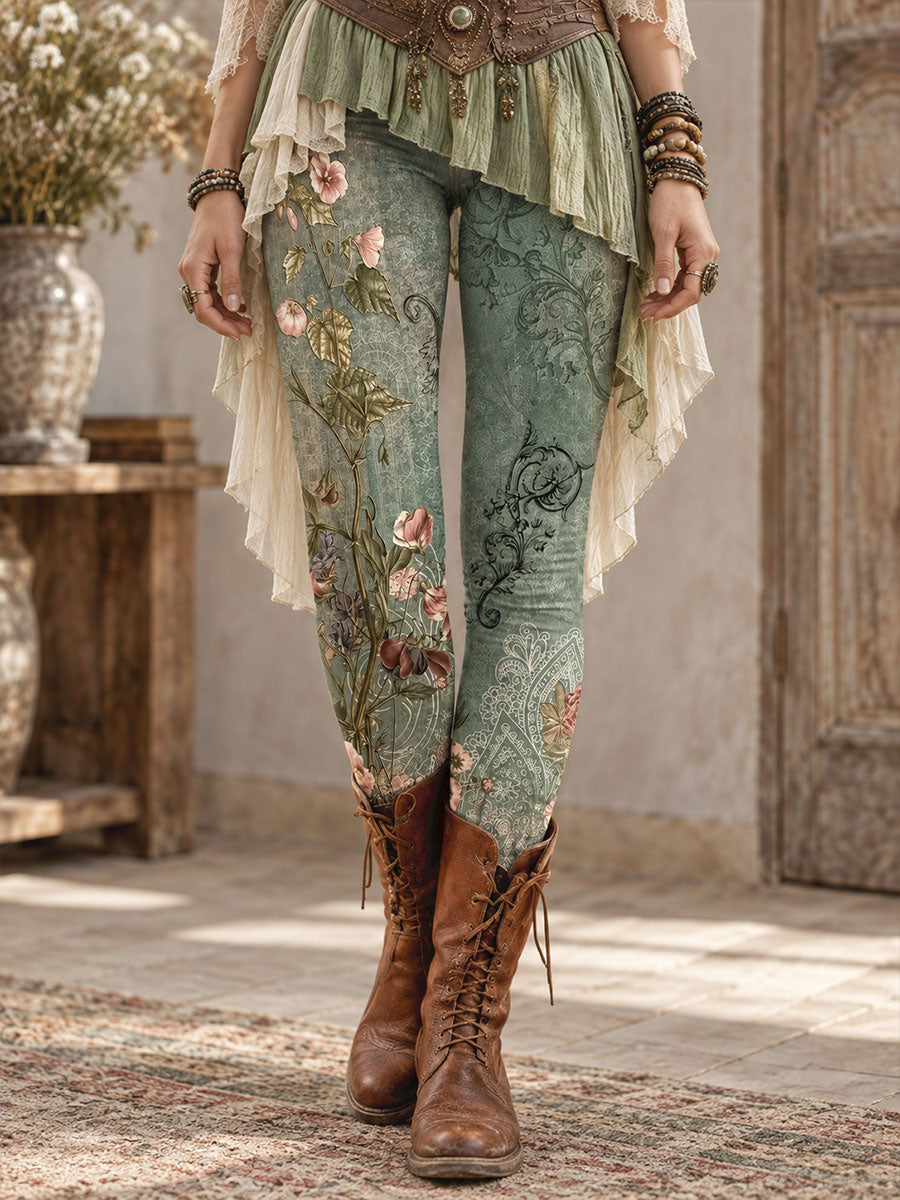 Leggings femme automne/hiver à imprimé floral artistique