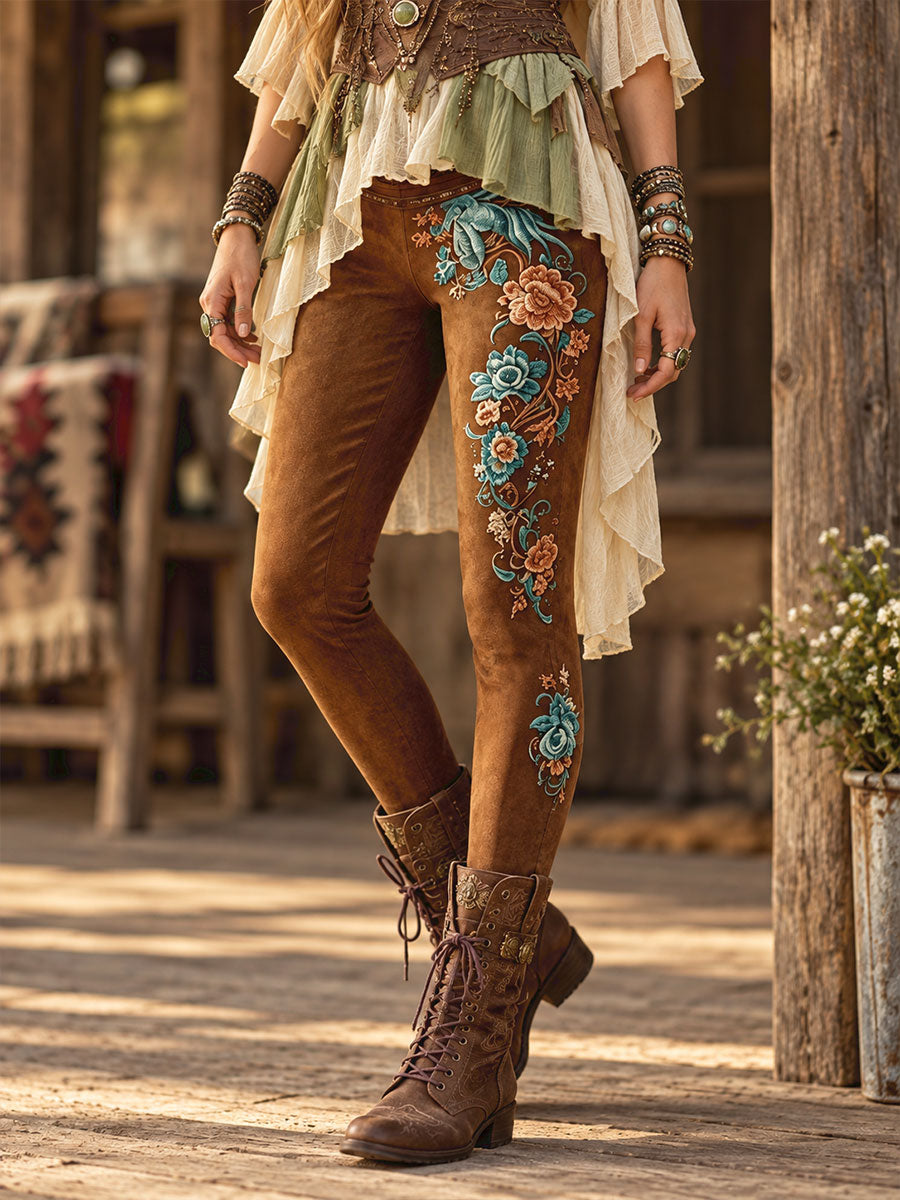 Leggings femme automne/hiver à imprimé floral artistique