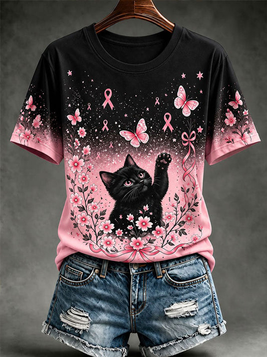 T-shirt décontracté à imprimé chat pour la sensibilisation au cancer du sein chez les femmes