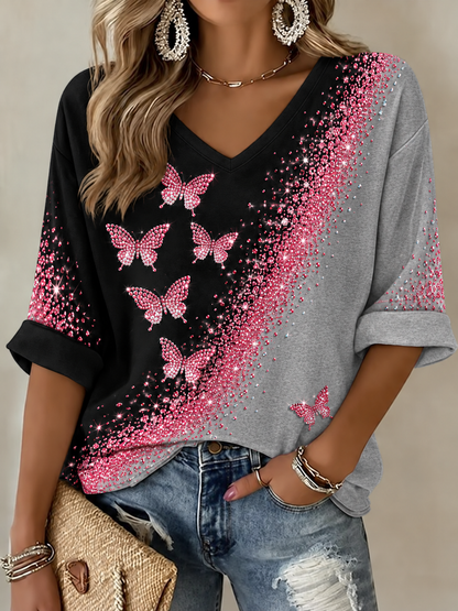 T-shirt femme à manches mi-longues et col en V, pour le cancer du sein
