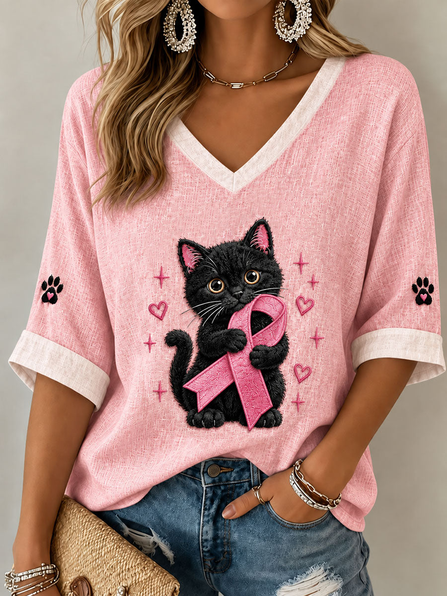 T-shirt femme à manches mi-longues et col en V, motif chat noir, pour le cancer du sein
