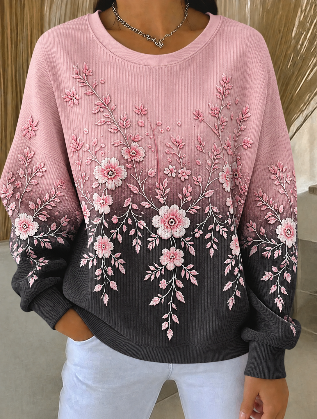 Sweat-shirt à col rond côtelé pour femmes, motif cancer du sein
