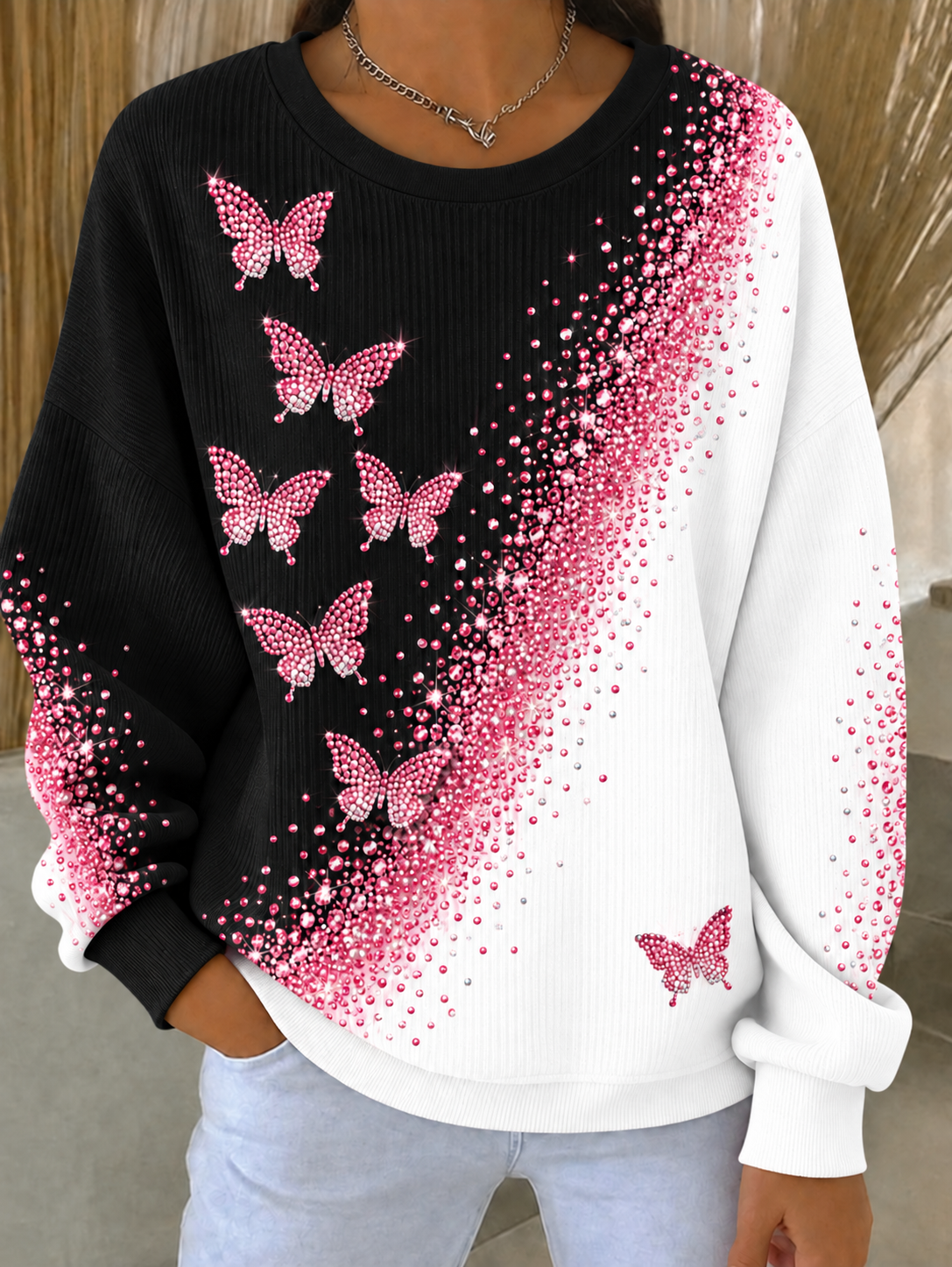 Sweat-shirt à col rond côtelé pour femmes, motif cancer du sein