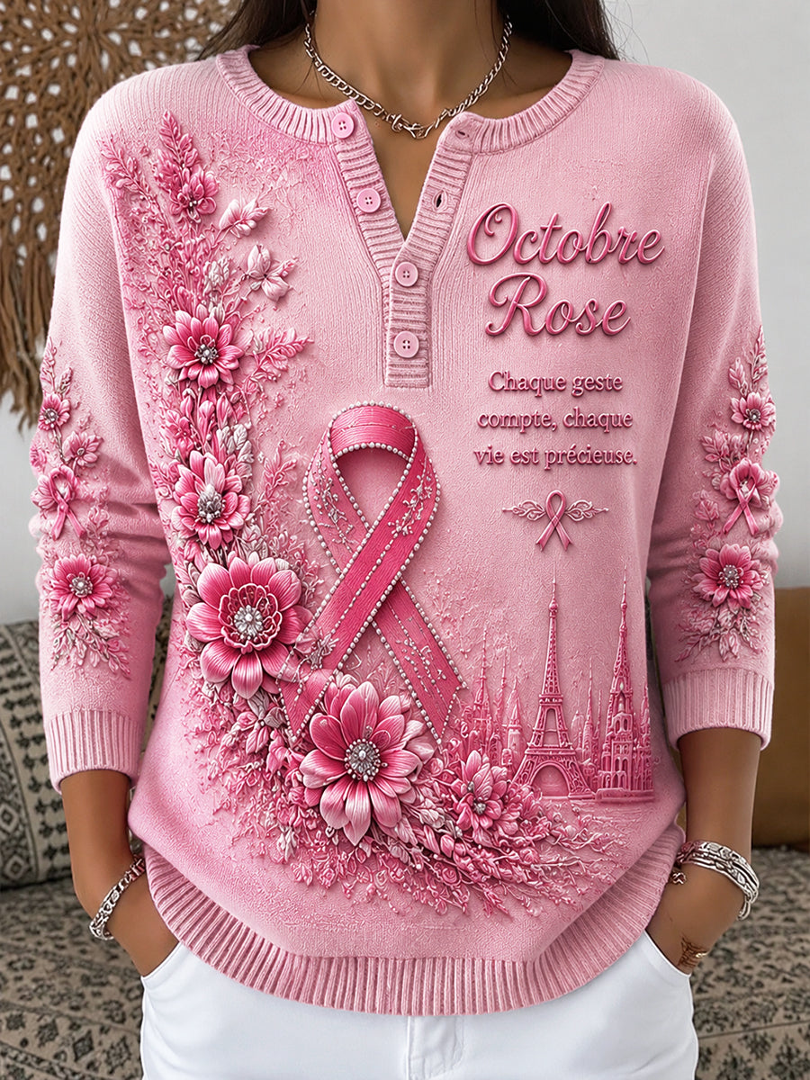 Haut décontracté à col Henley pour femme, imprimé rose en hommage au cancer du sein