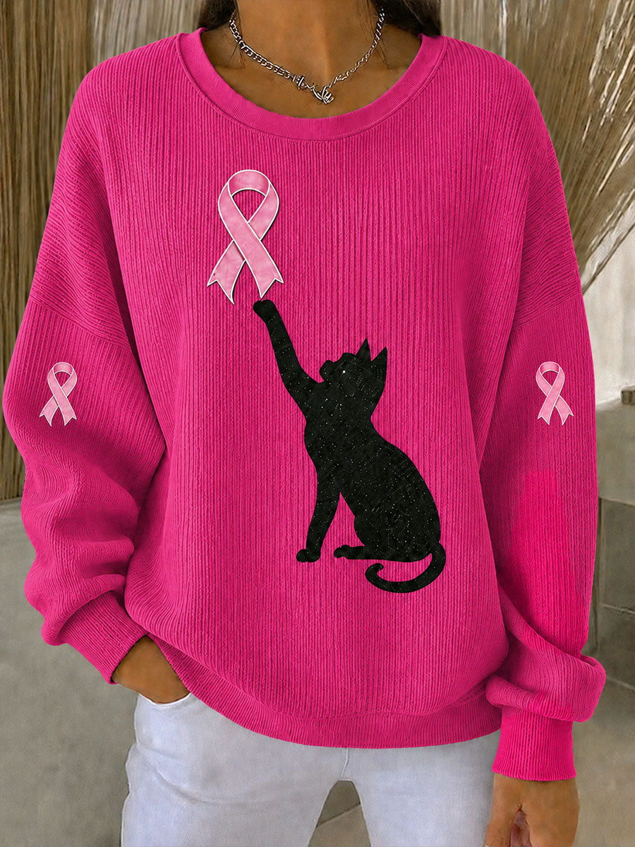 Sweat-shirt à col rond côtelé, motif chat noir et ruban rose pour la sensibilisation au cancer du sein chez les femmes
