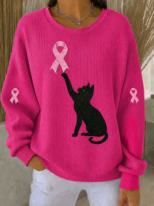 Sweat-shirt à col rond côtelé, motif chat noir et ruban rose pour la sensibilisation au cancer du sein chez les femmes