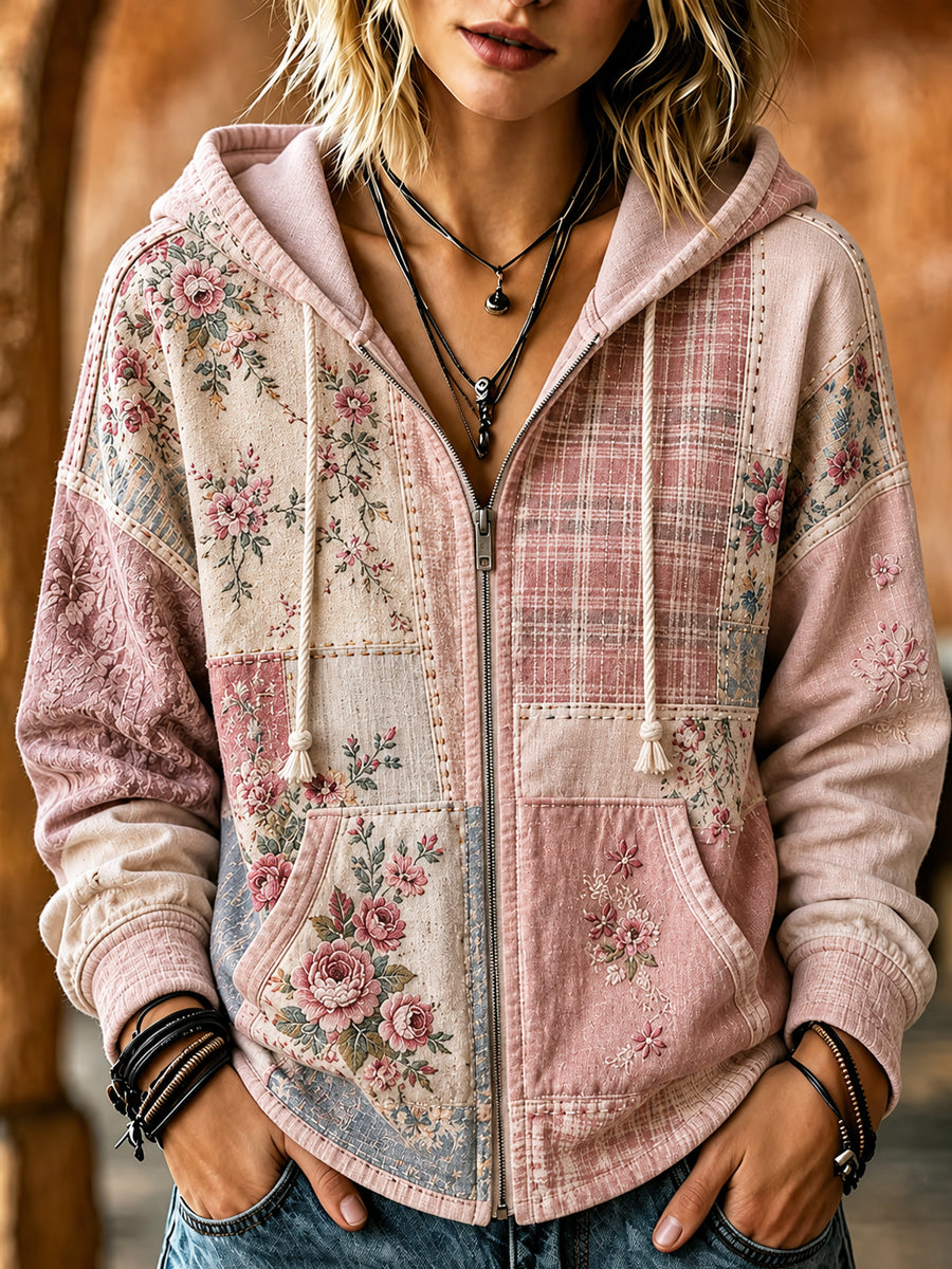 Sensibilisation au cancer du sein pour femmes Rose Floral Art Imprimé Casual Zip-Up Hoodie