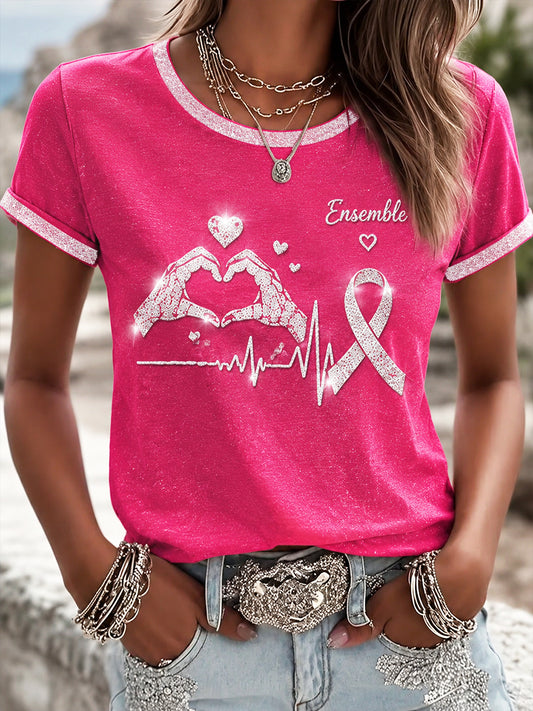 T-shirt décontracté rose pour femmes avec imprimé français sur le cancer du sein
