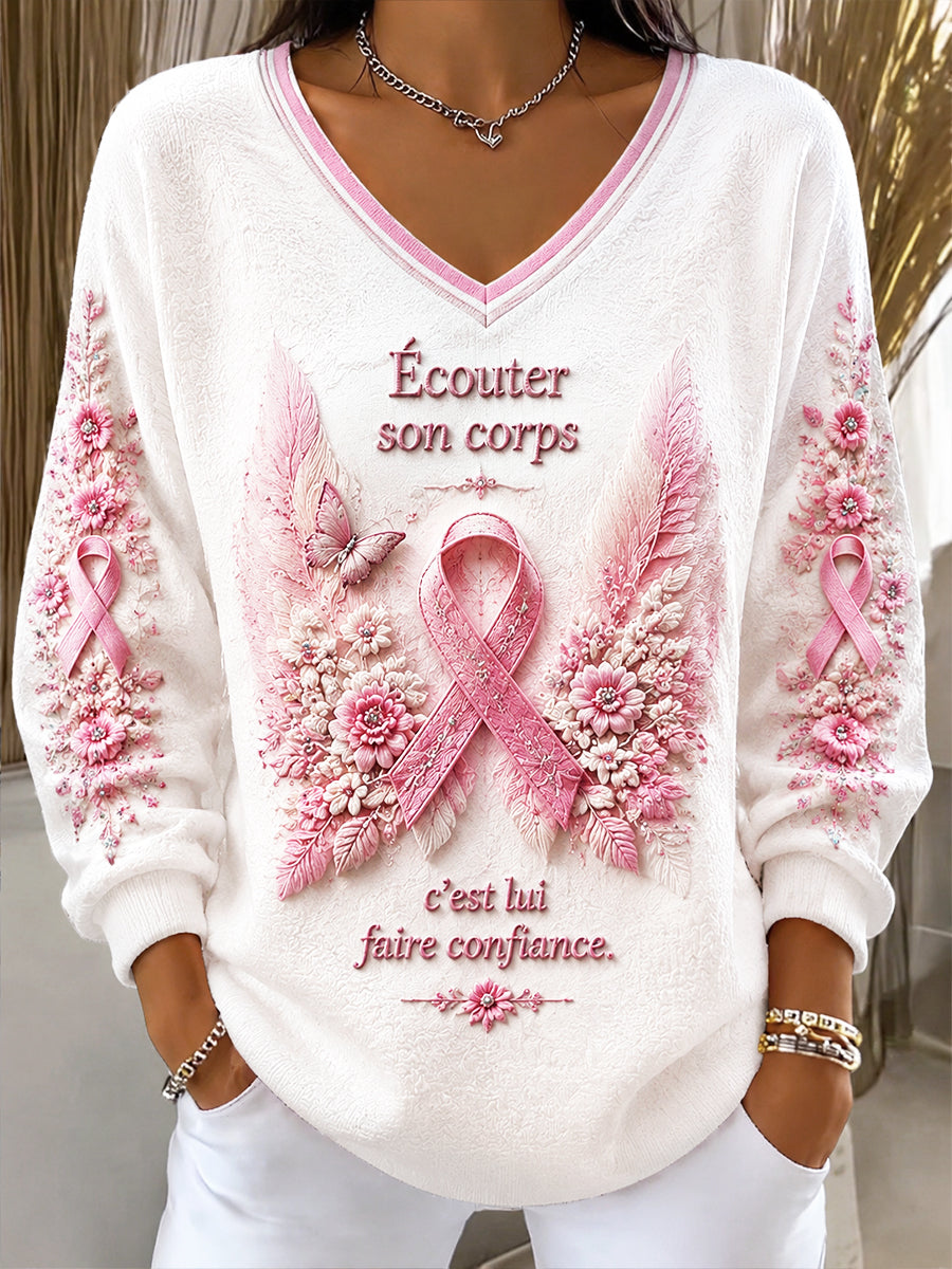Haut Décontracté Femme France Blanc Cancer Du Sein 3D-Printed Col En V Style Pull