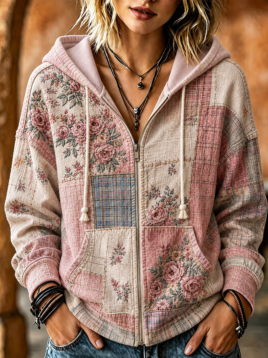 Sweat à capuche décontracté zippé pour femmes, motif floral rose, sensibilisation au cancer du sein