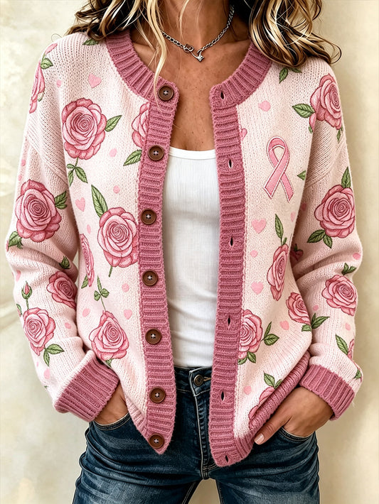Femmes rose floral et rose motif de la charité ruban design décontracté cardigan style tricot veste