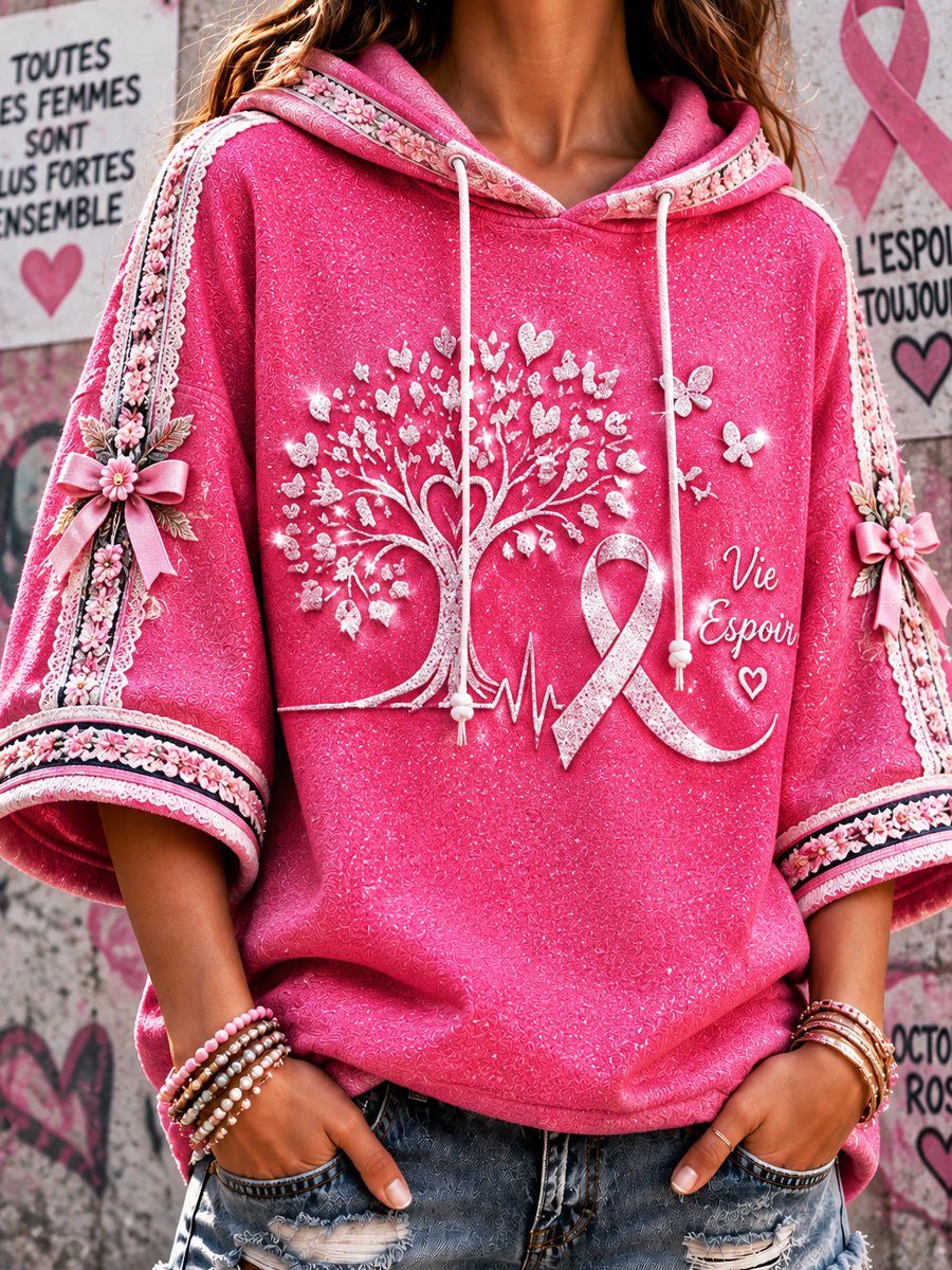 Sweat-shirt à capuche décontracté pour femme, imprimé rose en référence au cancer du sein