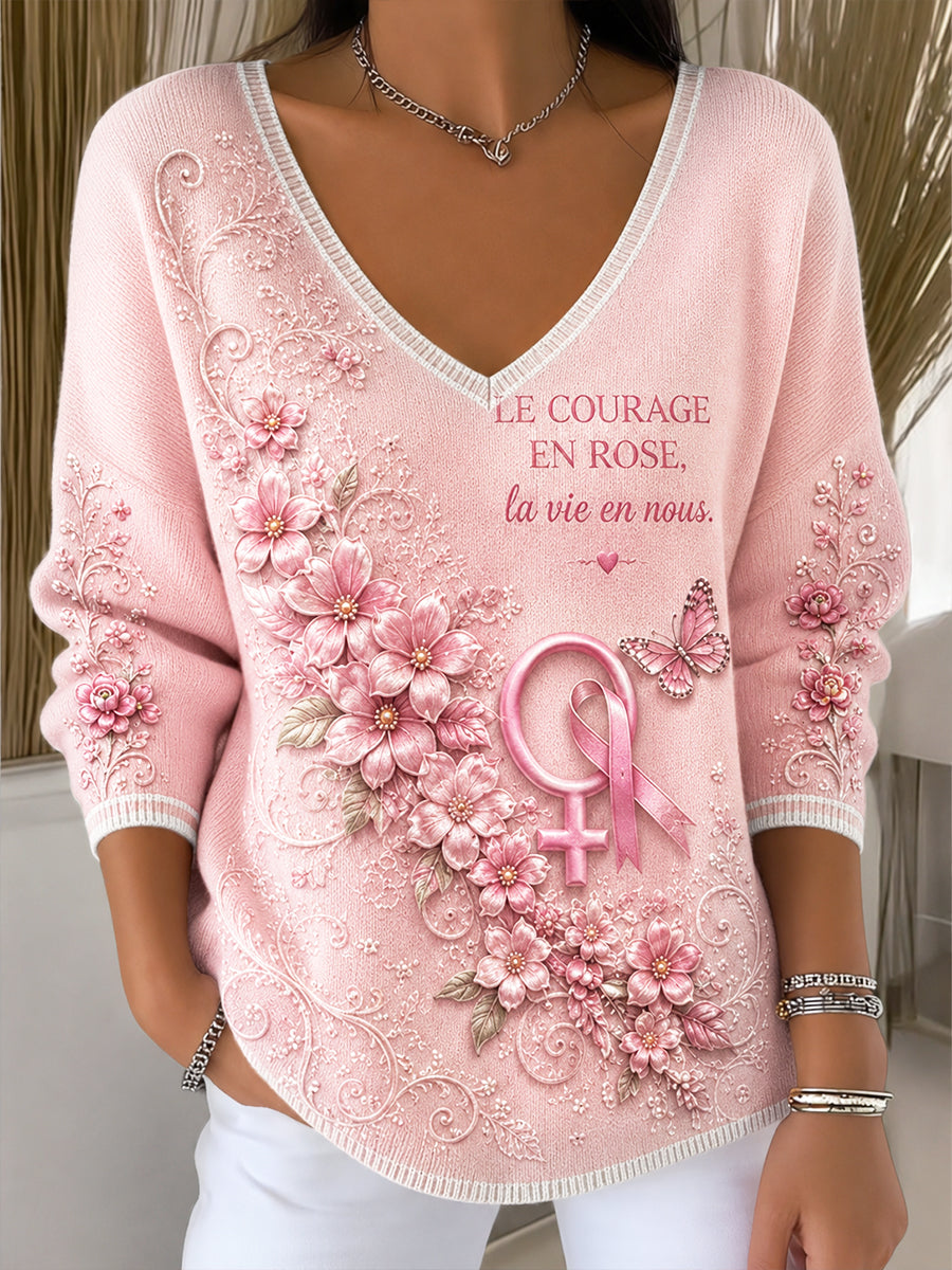 Haut décontracté à col en V pour femme, imprimé rose français contre le cancer du sein