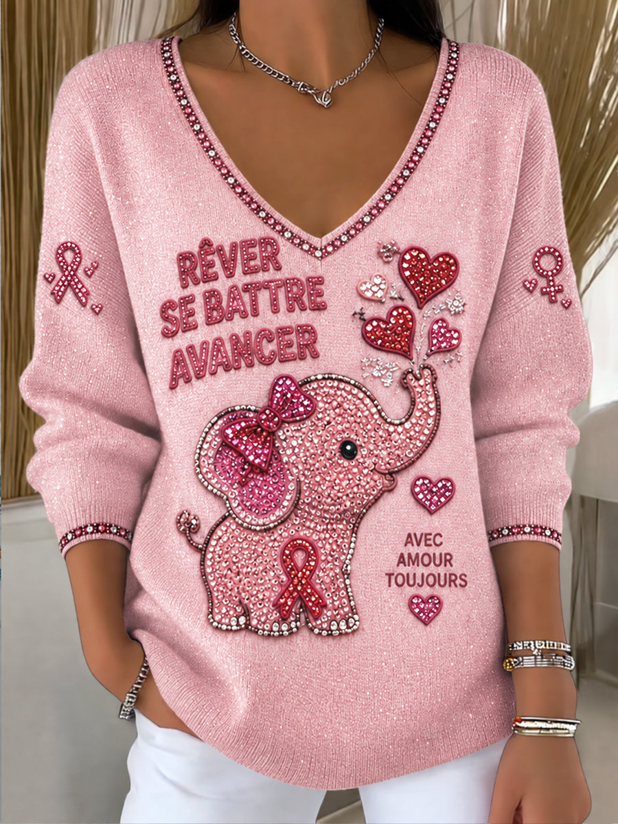 Pull décontracté à col en V avec imprimé éléphant pour la campagne française contre le cancer du sein