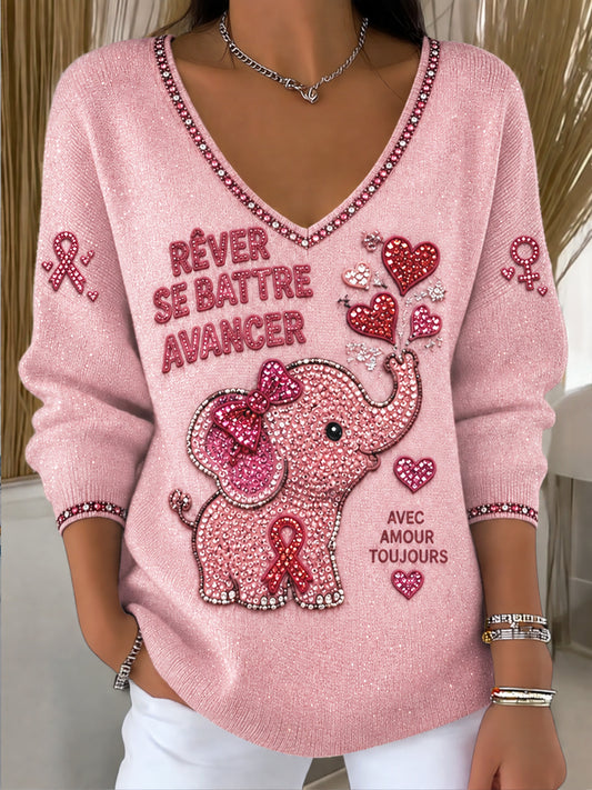 Pull décontracté à col en V avec imprimé éléphant pour la campagne française contre le cancer du sein