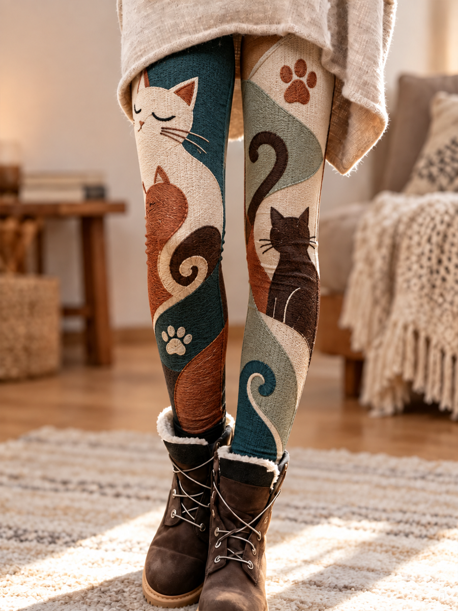 Leggings en velours imprimés motifs chats pour femme, collection automne/hiver