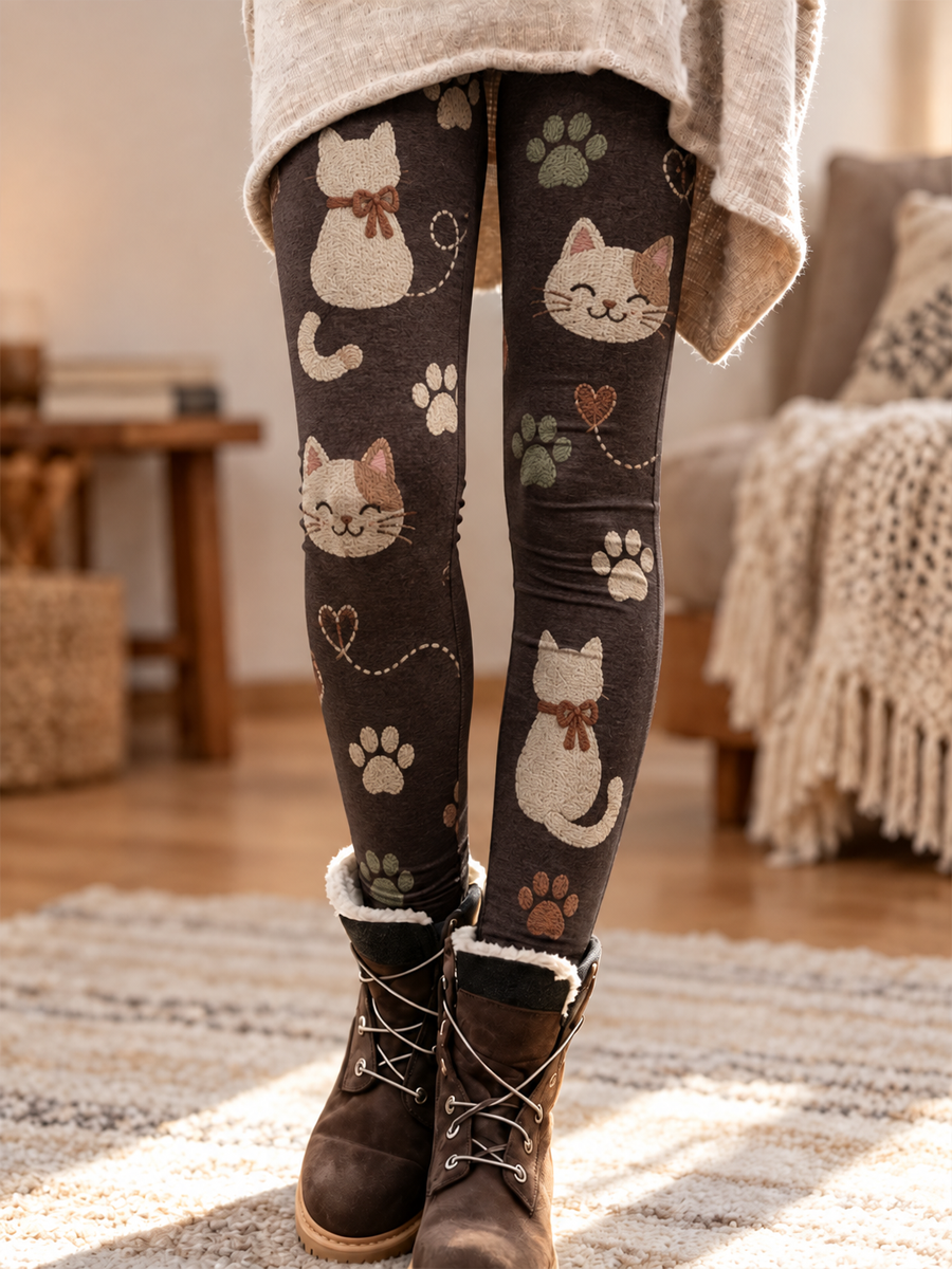 Leggings en velours imprimés motifs chats pour femme, collection automne/hiver