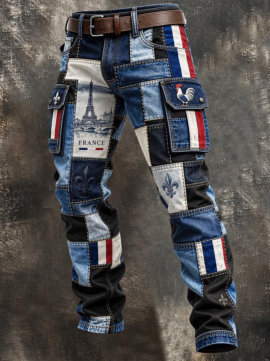 Pantalon de travail décontracté pour homme aux couleurs du drapeau français patriotique