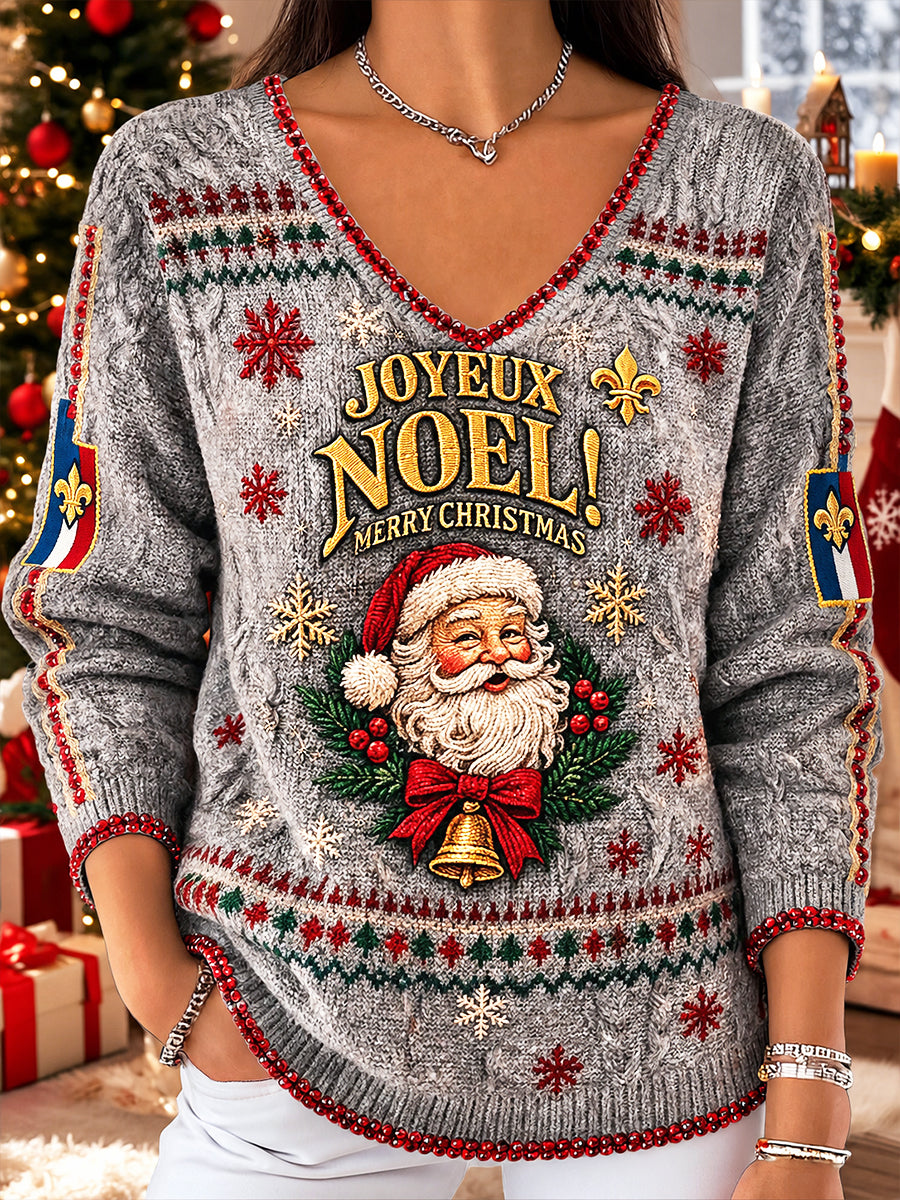 Pull Décontracté Femme Gris Français Imprimé Noël à Col V