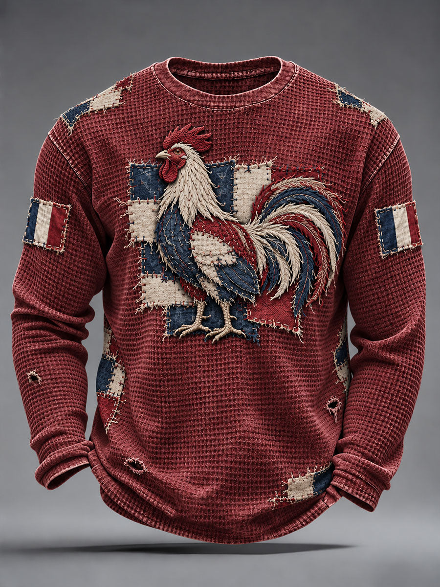 T-shirt à manches longues en gaufre pour homme, imprimé coq gaulois