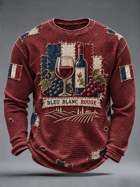 T-shirt à manches longues en maille gaufrée pour homme, imprimé Bleu Blanc Rouge