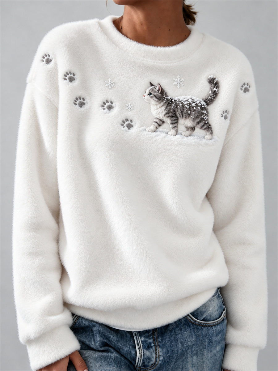 Femmes European Shorthair Chat dans la neige Empreintes de pattes et flocons de neige Imprimer Cozy Flanelle Sweatshirt