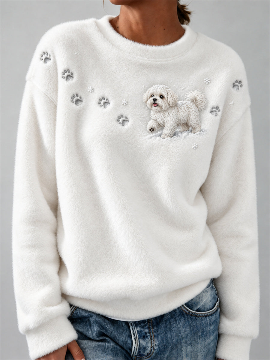 Chien maltais des femmes dans la neige Empreintes de patte et flocons de neige Imprimer confortable Flanelle Sweatshirt