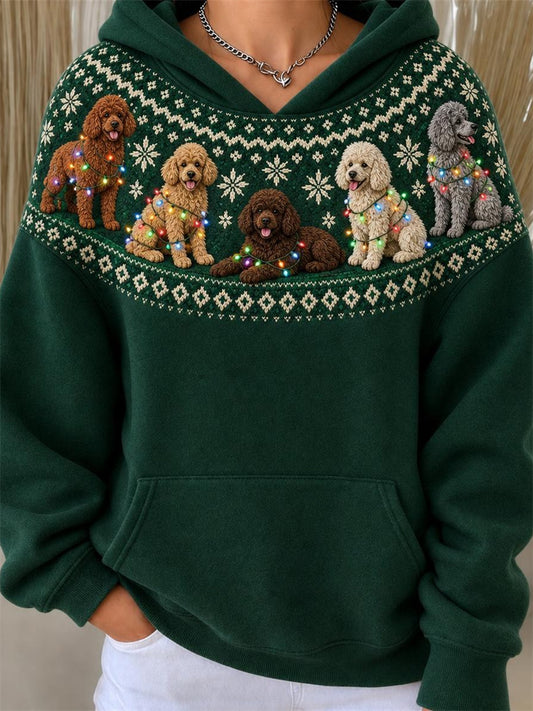 Chiens de caniche de Noël des femmes Yoke Isle Motif Imprimer Hoodie