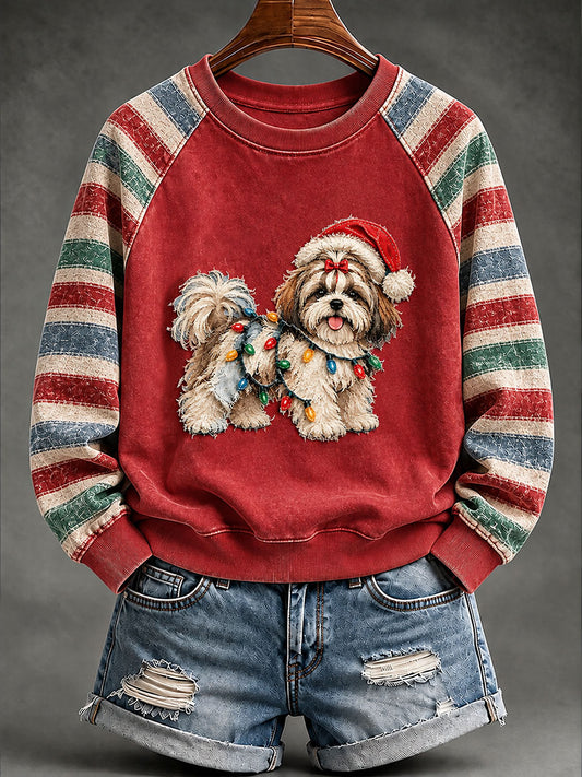 Vintage Christmas Shih Tzu Imprimer Raglan Sweatshirt Femme