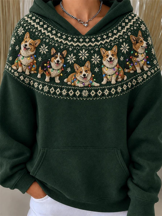 Sweat à capuche pour femme imprimé motif Île aux corgis de Noël
