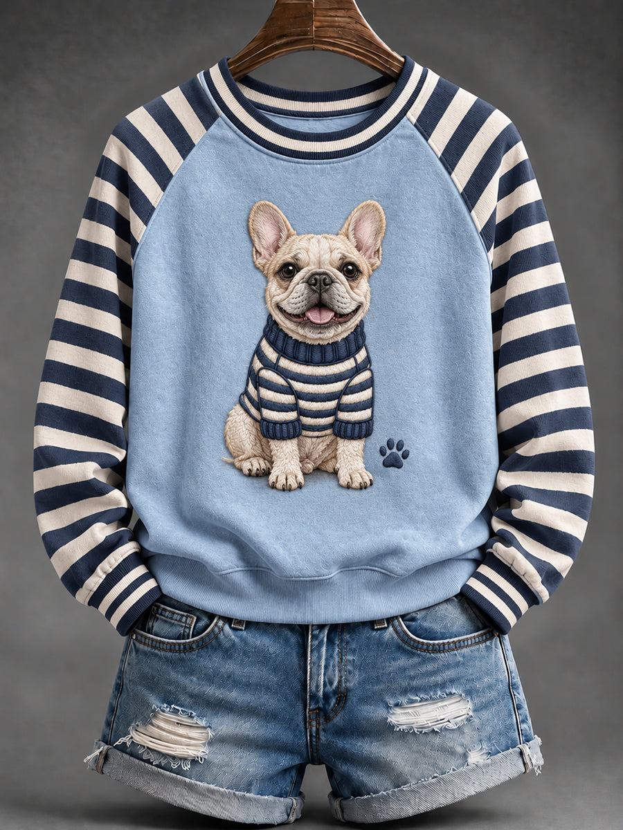 Sweat à manches raglan à rayures imprimé Bulldog français mignon pour femmes
